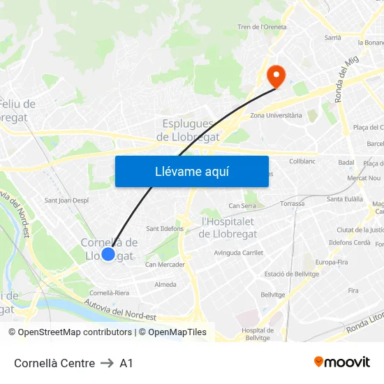 Cornellà Centre to A1 map