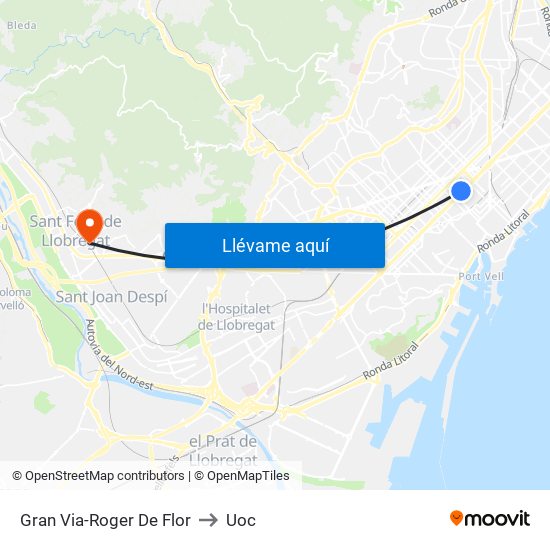Gran Via-Roger De Flor to Uoc map