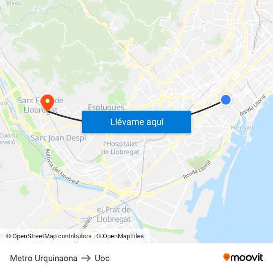 Metro Urquinaona to Uoc map