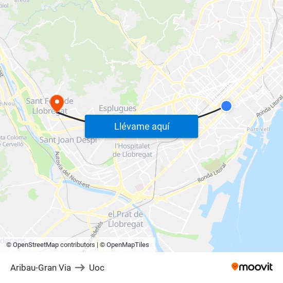 Aribau-Gran Via to Uoc map