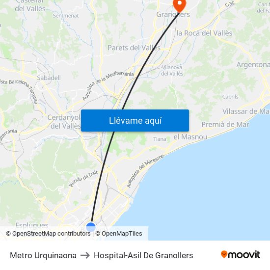 Metro Urquinaona to Hospital-Asil De Granollers map