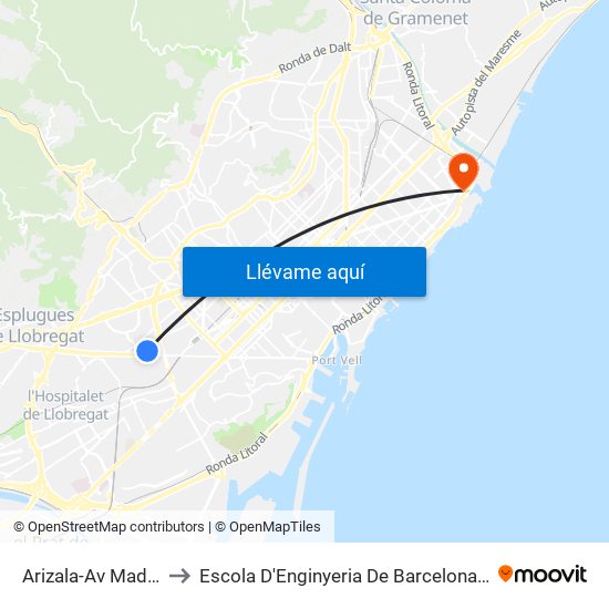Arizala-Av Madrid to Escola D'Enginyeria De Barcelona Est map