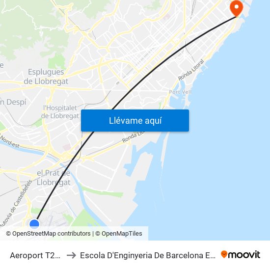 Aeroport T2-C to Escola D'Enginyeria De Barcelona Est map