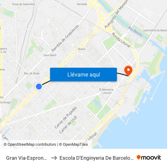 Gran Via-Espronceda to Escola D'Enginyeria De Barcelona Est map