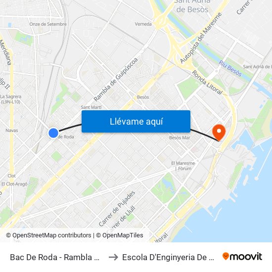 Bac De Roda - Rambla De Guipúscoa to Escola D'Enginyeria De Barcelona Est map