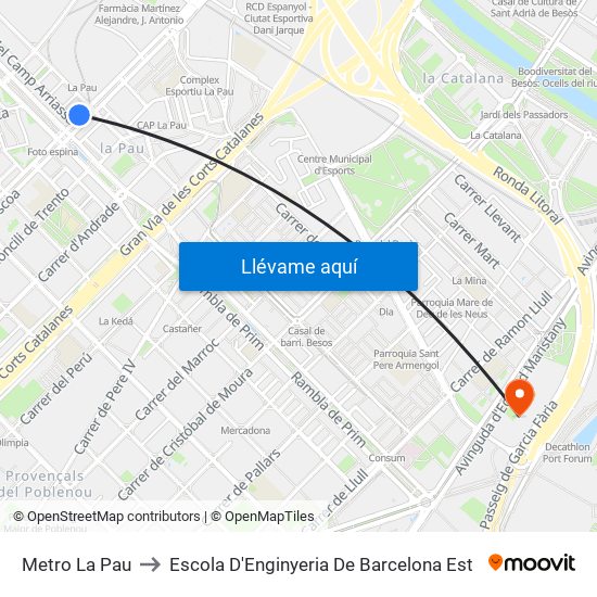 Metro La Pau to Escola D'Enginyeria De Barcelona Est map