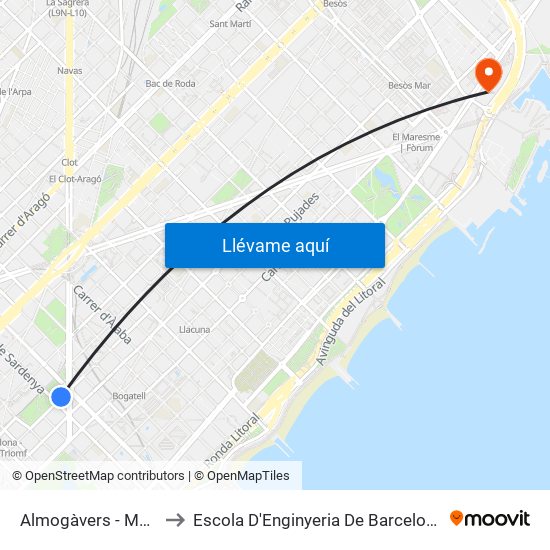 Almogàvers - Marina to Escola D'Enginyeria De Barcelona Est map