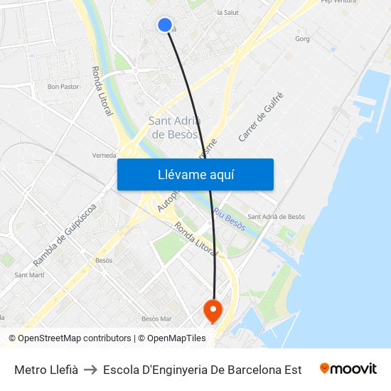 Metro Llefià to Escola D'Enginyeria De Barcelona Est map