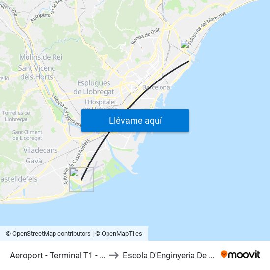 Aeroport - Terminal T1 - Sortides Vols to Escola D'Enginyeria De Barcelona Est map