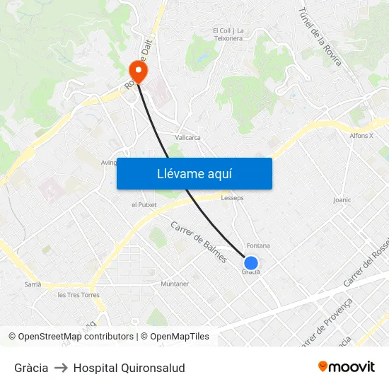 Gràcia to Hospital Quironsalud map