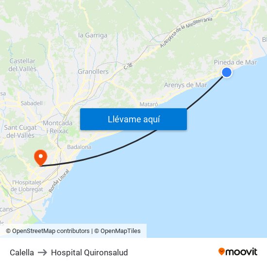 Calella to Hospital Quironsalud map