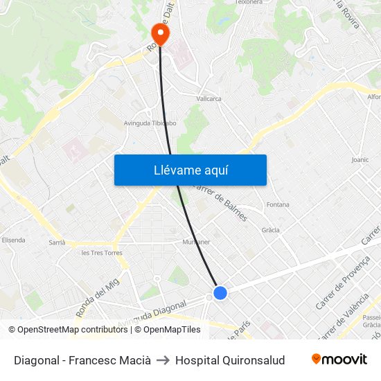 Diagonal - Francesc Macià to Hospital Quironsalud map