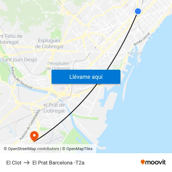 El Clot to El Prat Barcelona -T2a map