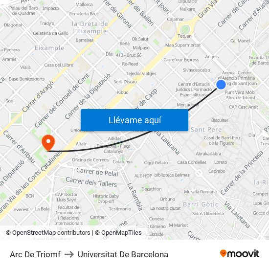 Arc De Triomf to Universitat De Barcelona map