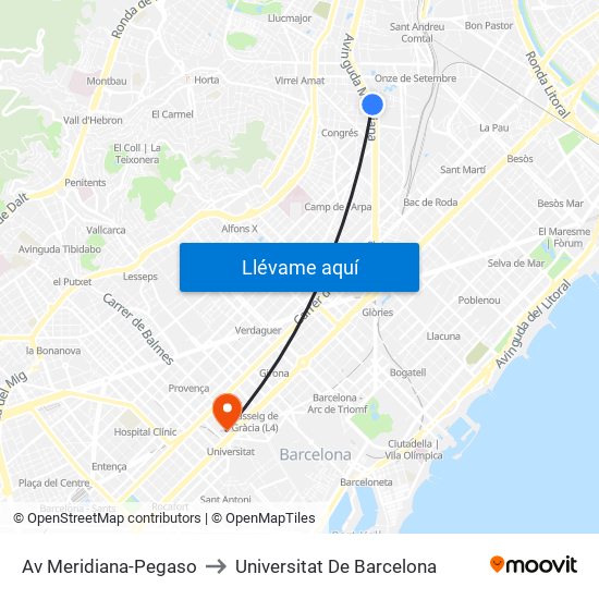 Av Meridiana-Pegaso to Universitat De Barcelona map