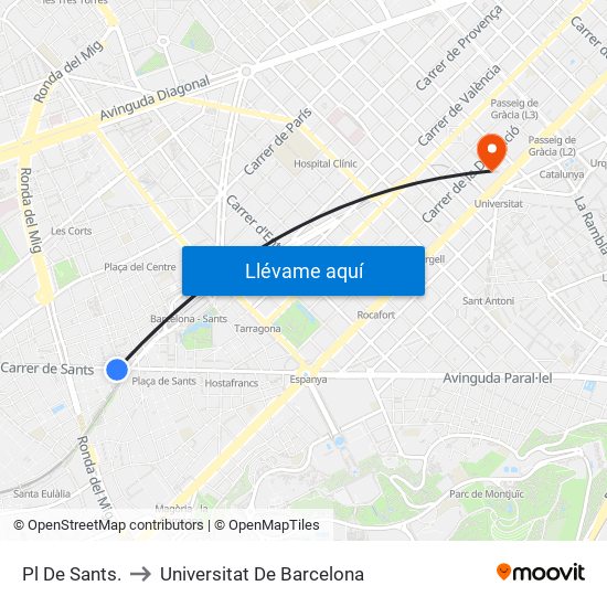 Pl De Sants. to Universitat De Barcelona map