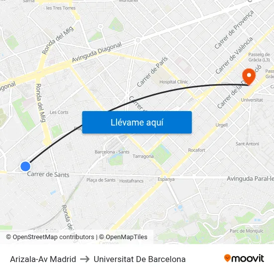 Arizala-Av Madrid to Universitat De Barcelona map