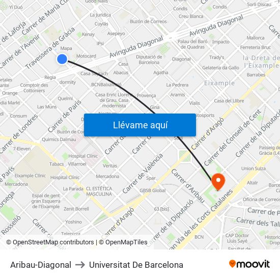 Aribau-Diagonal to Universitat De Barcelona map