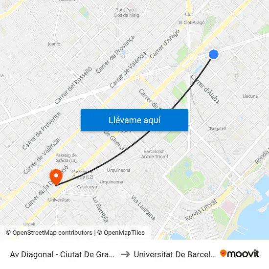 Av Diagonal - Ciutat De Granada to Universitat De Barcelona map