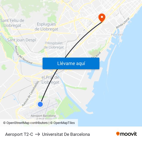 Aeroport T2-C to Universitat De Barcelona map