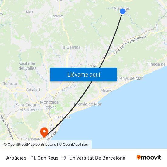 Arbúcies - Pl. Can Reus to Universitat De Barcelona map