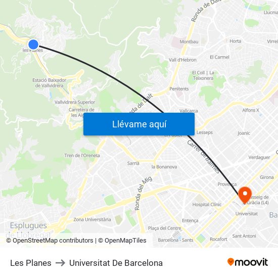 Les Planes to Universitat De Barcelona map