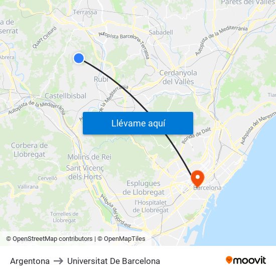 Argentona to Universitat De Barcelona map