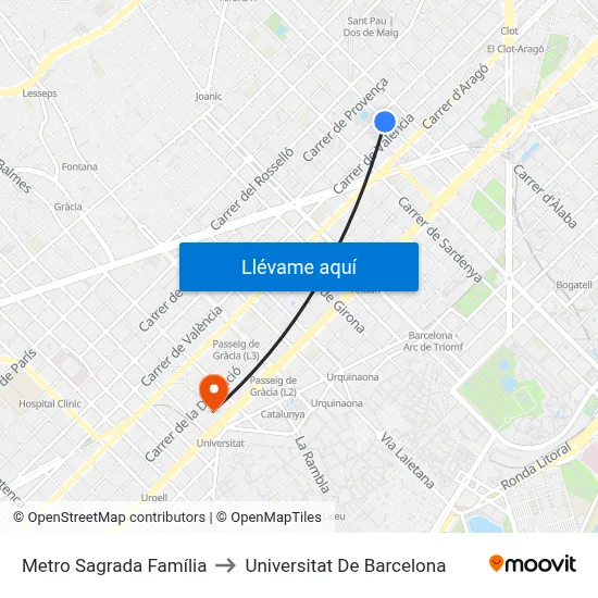 Metro Sagrada Família to Universitat De Barcelona map