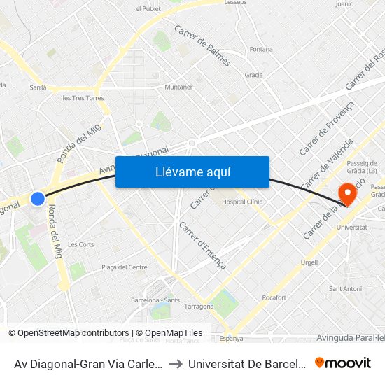 Av Diagonal-Gran Via Carles III to Universitat De Barcelona map
