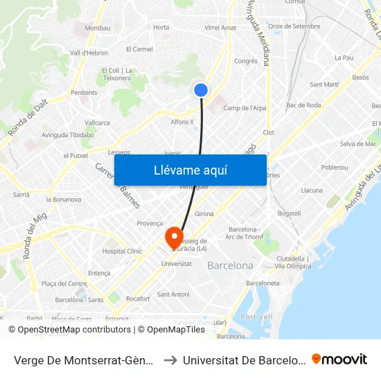 Verge De Montserrat-Gènova to Universitat De Barcelona map