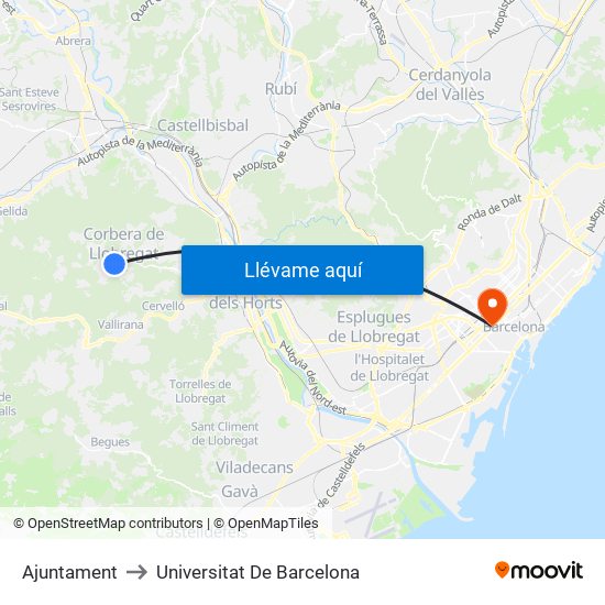 Ajuntament to Universitat De Barcelona map