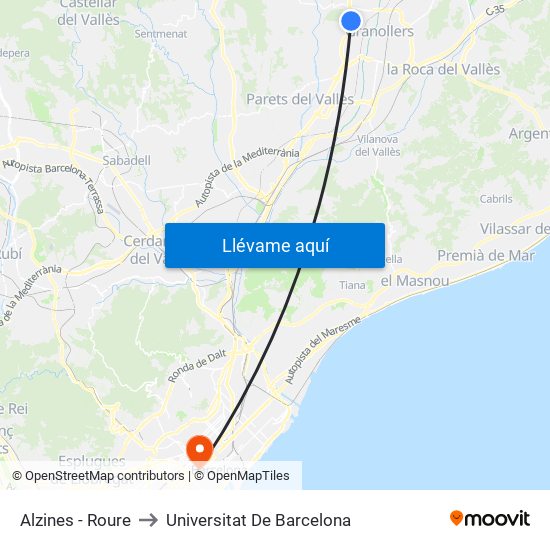 Alzines - Roure to Universitat De Barcelona map