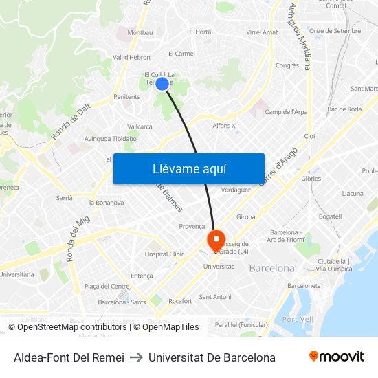 Aldea-Font Del Remei to Universitat De Barcelona map