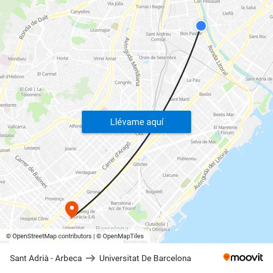 Sant Adrià - Arbeca to Universitat De Barcelona map
