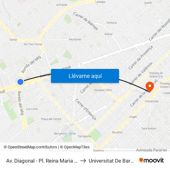 Av. Diagonal - Pl. Reina Maria Cristina to Universitat De Barcelona map