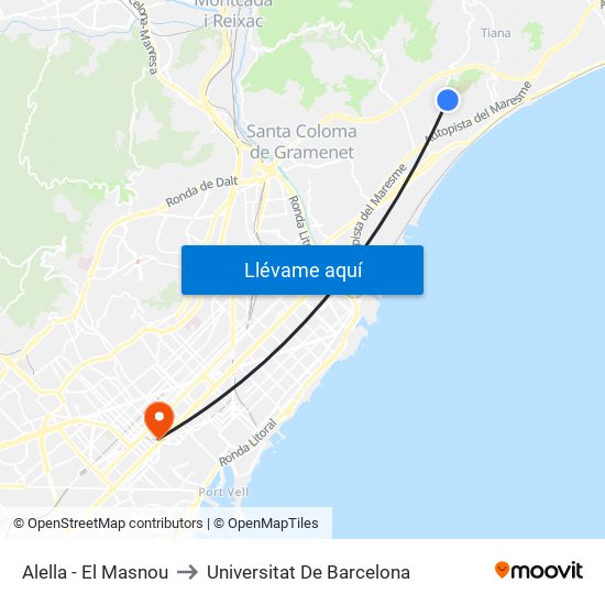 Alella - El Masnou to Universitat De Barcelona map