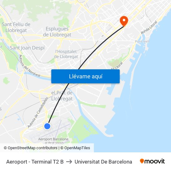 Aeroport - Terminal T2 B to Universitat De Barcelona map