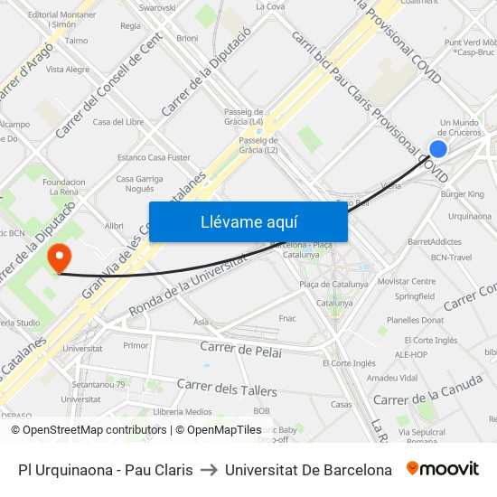 Pl Urquinaona - Pau Claris to Universitat De Barcelona map