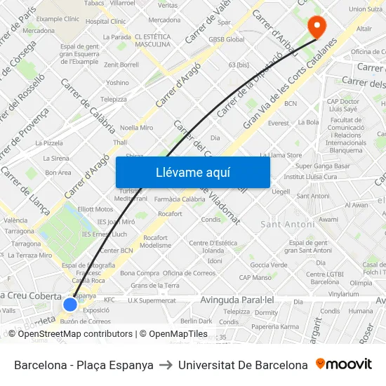 Barcelona - Plaça Espanya to Universitat De Barcelona map