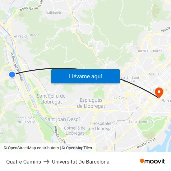 Quatre Camins to Universitat De Barcelona map