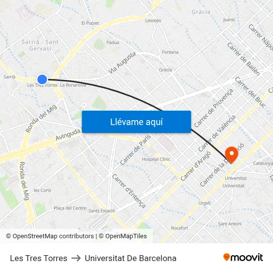 Les Tres Torres to Universitat De Barcelona map