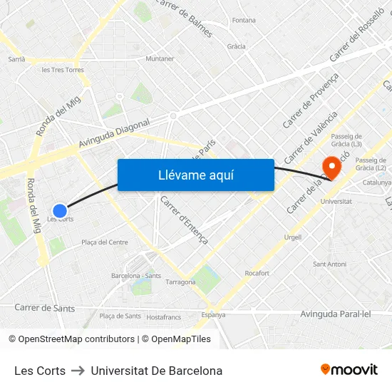 Les Corts to Universitat De Barcelona map