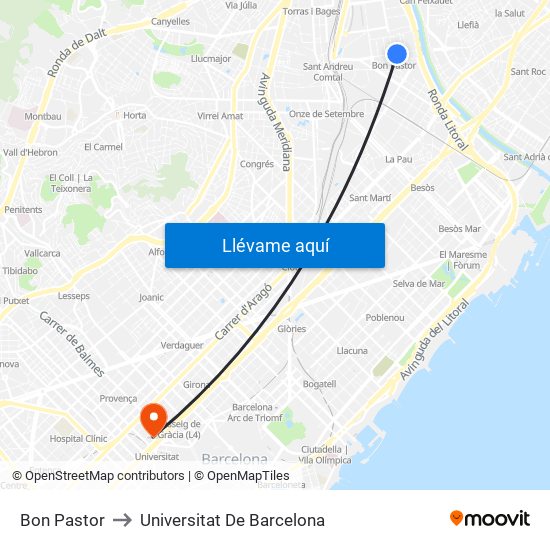 Bon Pastor to Universitat De Barcelona map