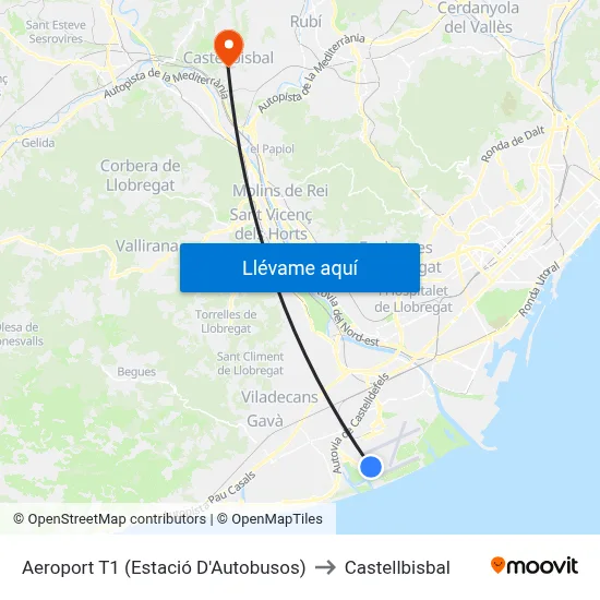 Aeroport T1 (Estació D'Autobusos) to Castellbisbal map