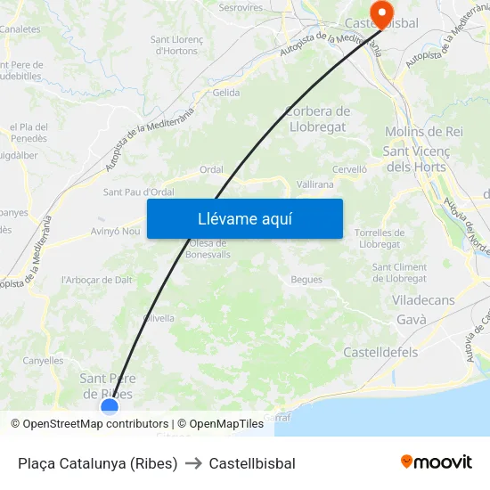 Plaça Catalunya (Ribes) to Castellbisbal map