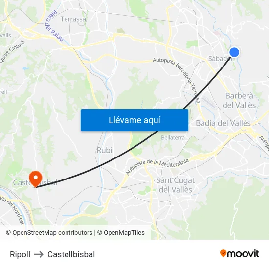 Ripoll to Castellbisbal map