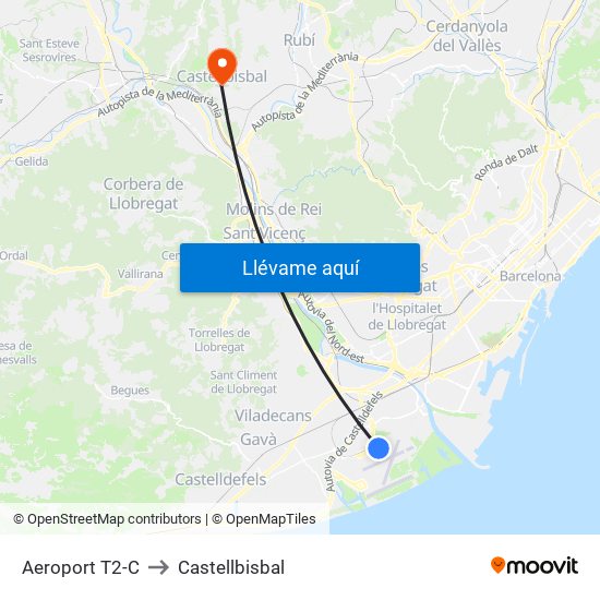 Aeroport T2-C to Castellbisbal map