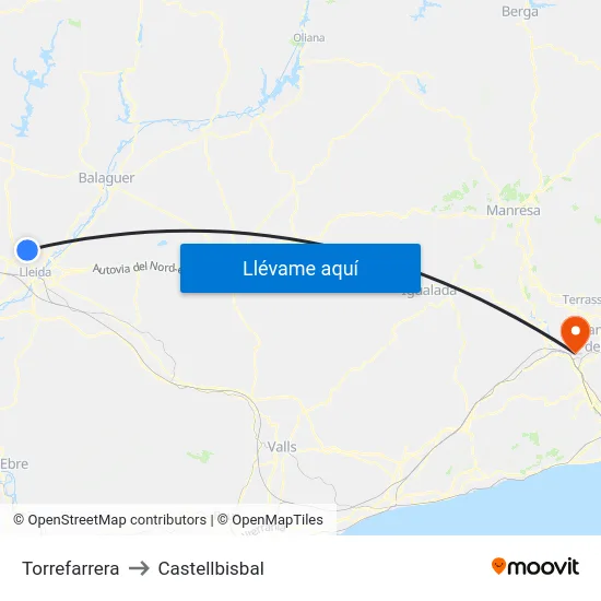 Torrefarrera to Castellbisbal map