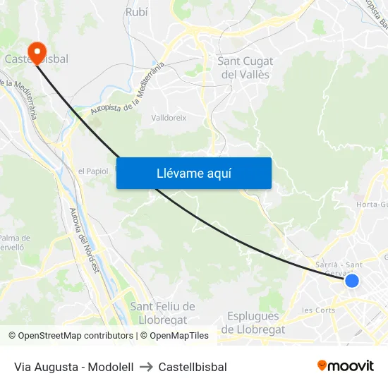Via Augusta - Modolell to Castellbisbal map