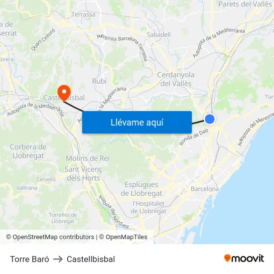 Torre Baró to Castellbisbal map